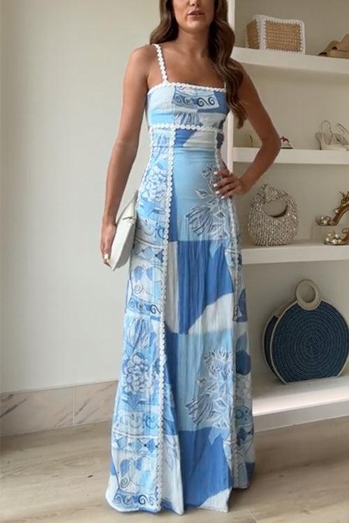 Abito Maxi Cami Stampato con Spalline Ric Rac e Cut Out a Fiocco sul Retro