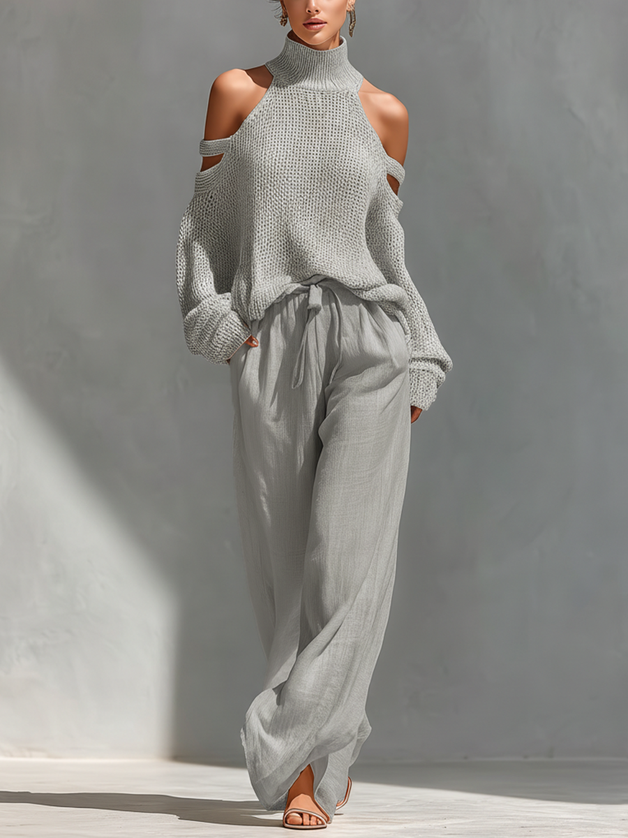 Concetta | Set Collo Alto e Gamba Larga in Maglia Beige