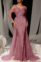 Abito da Sera Maxi in Tulle con Paillettes e Pizzo Marrone Scuro