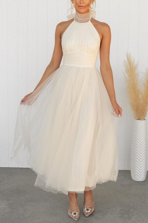 Abito Maxi Halter in Tulle con Dettagli Arricciati