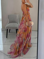 Abito Maxi A-Line V-Neck con Stampa Floreale Elegante