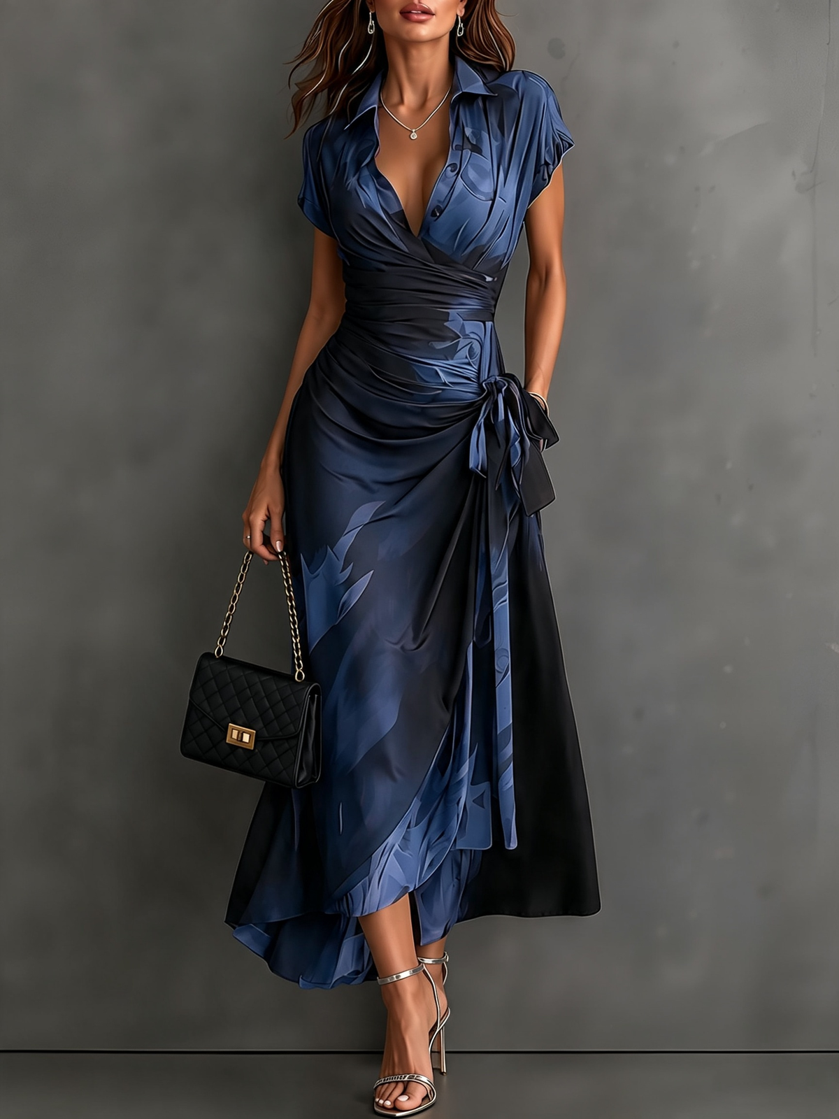 Rosanna | Vestito midi incrociato con stampa astratta, scollo a V, manica corta, cintura e orlo asimmetrico con volant.