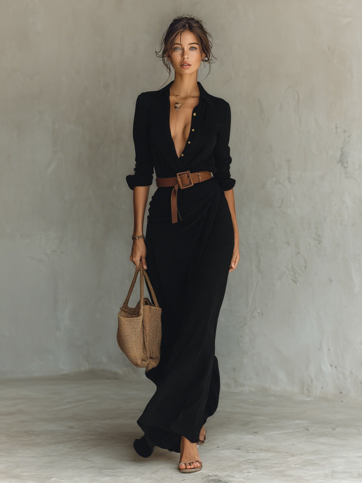 Costanza | Abito maxi con collo revers e cintura, 4 colori