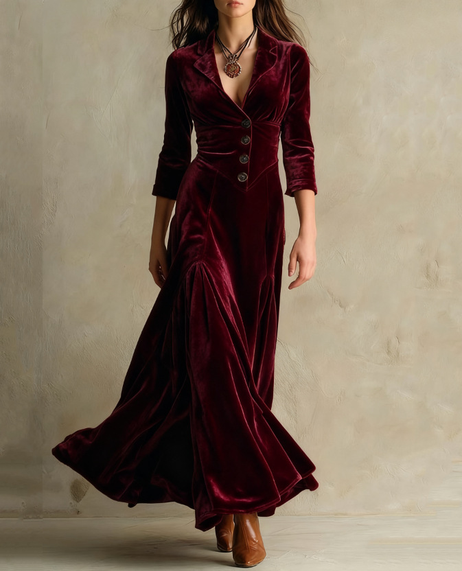 Abito lungo in velluto marrone elegante stile retro con colletto