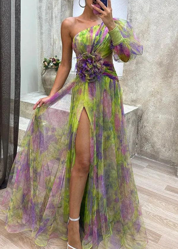 Abito Maxi Floreale Plissettato in Tulle con Manica a Spalla Unica e Spacco