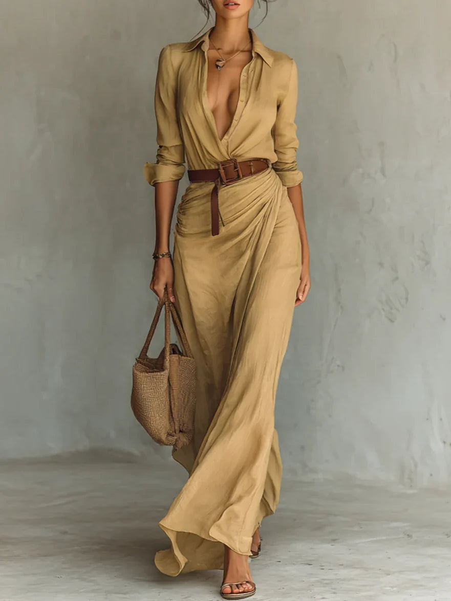Abito Maxi con Collo a Revers e Maniche Lunghe per Donne
