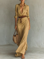 Abito Maxi con Collo a Revers e Maniche Lunghe per Donne