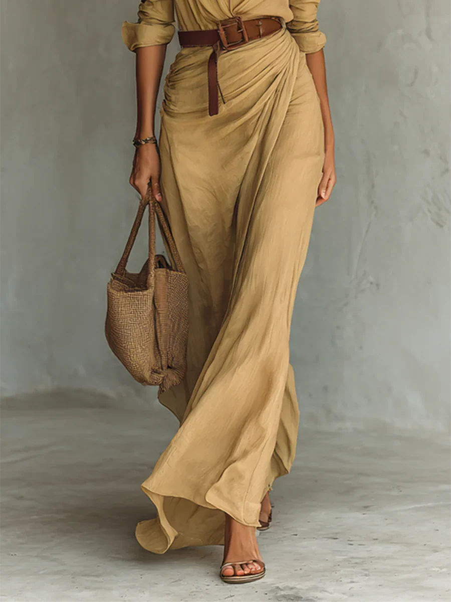Abito Maxi con Collo a Revers e Maniche Lunghe per Donne