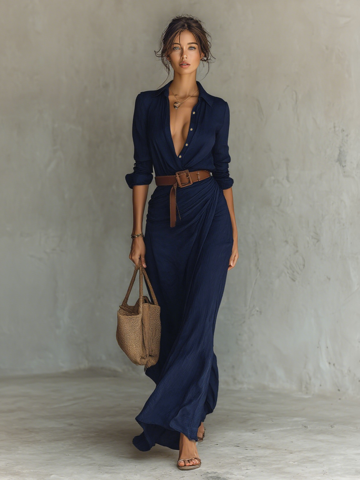 Costanza | Abito maxi con collo revers e cintura, 4 colori