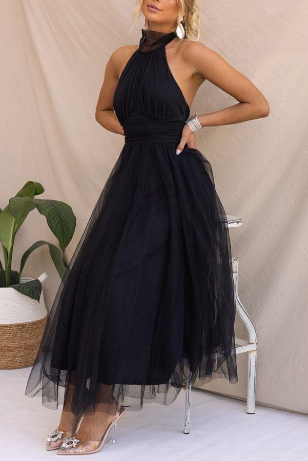 Abito Maxi Halter in Tulle con Dettagli Arricciati