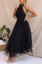 Abito Maxi Halter in Tulle con Dettagli Arricciati