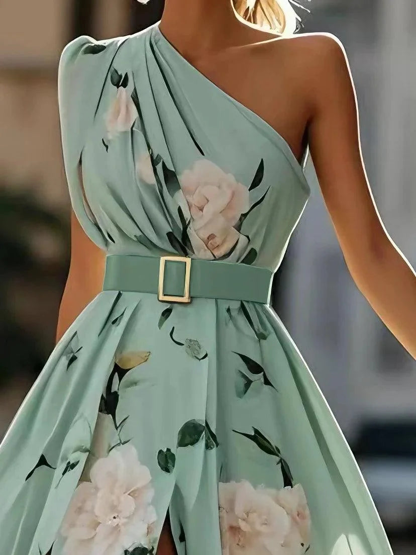 Abito Maxi Chiffon Verde Chiaro a Fiori con Rouches a Spalla Unica