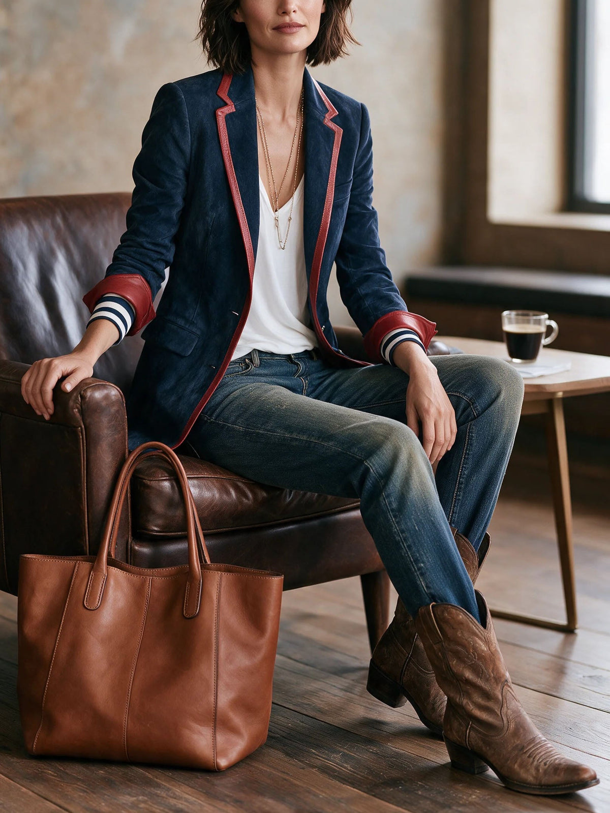 Eleonora | Blazer in Faux Suede Blu Navy con Profili Contrasto