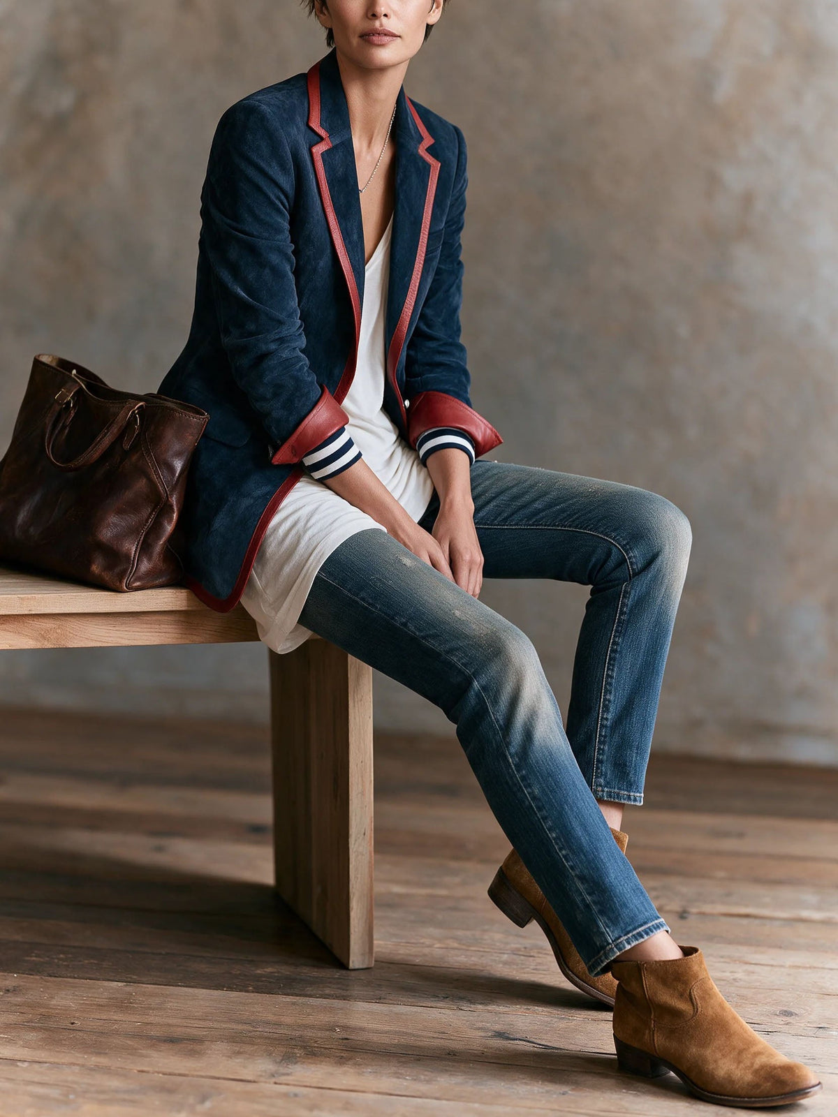 Eleonora | Blazer in Faux Suede Blu Navy con Profili Contrasto