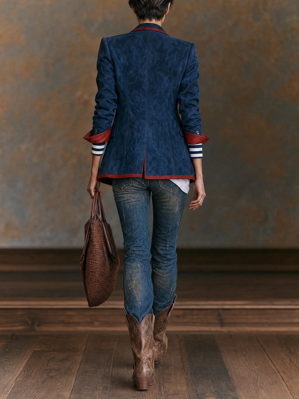 Eleonora | Blazer in Faux Suede Blu Navy con Profili Contrasto