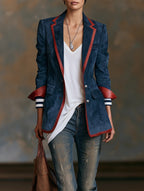 Eleonora | Blazer in Faux Suede Blu Navy con Profili Contrasto