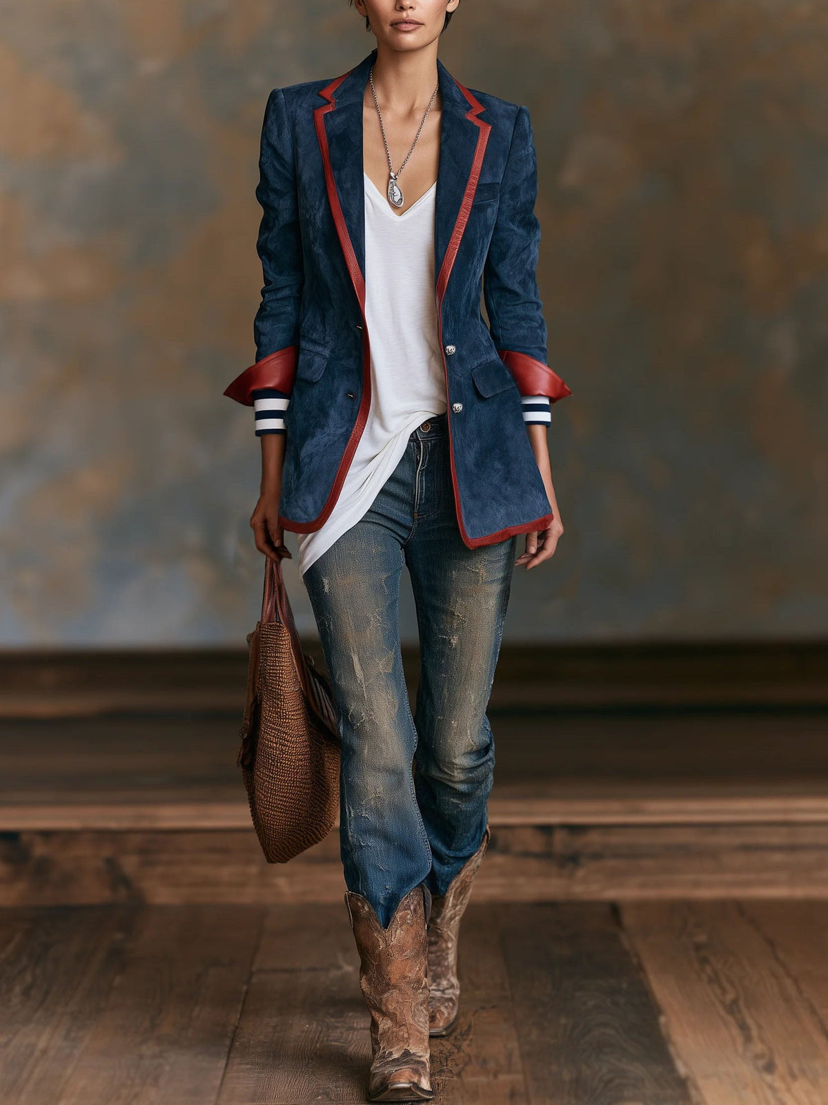 Eleonora | Blazer in Faux Suede Blu Navy con Profili Contrasto