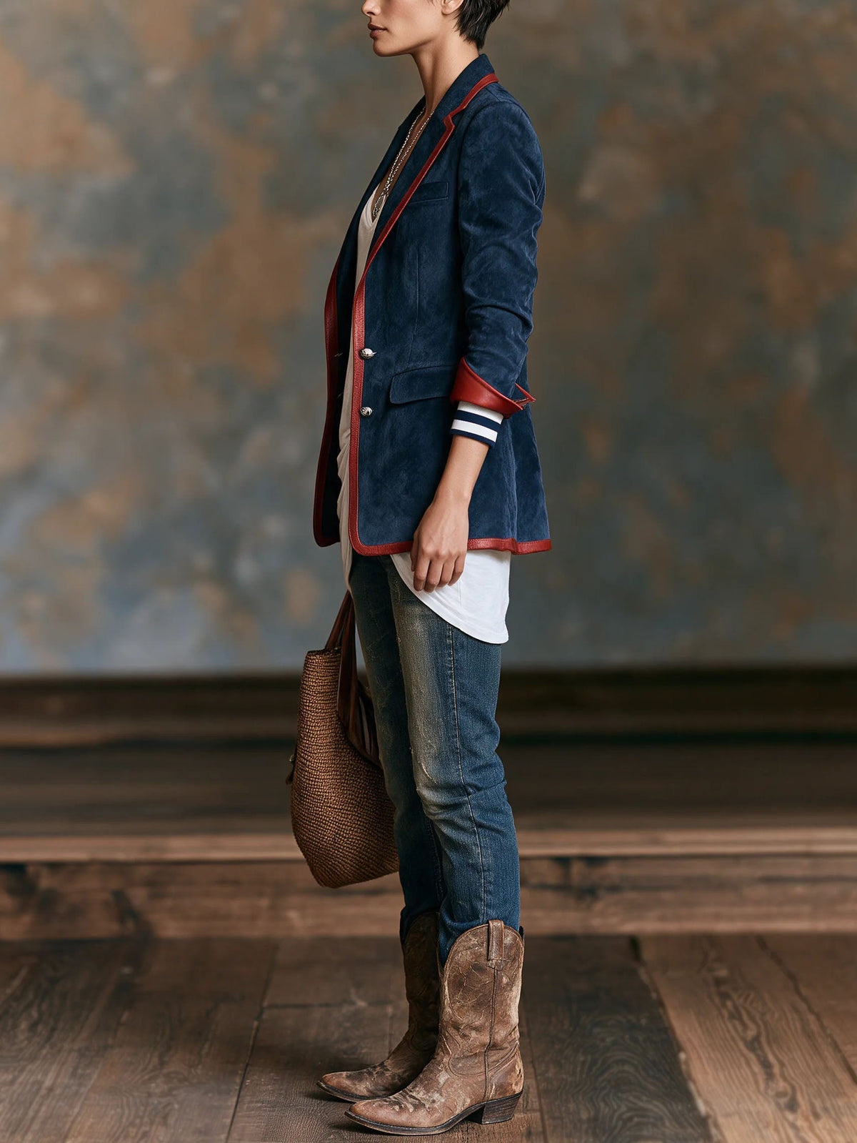 Eleonora | Blazer in Faux Suede Blu Navy con Profili Contrasto