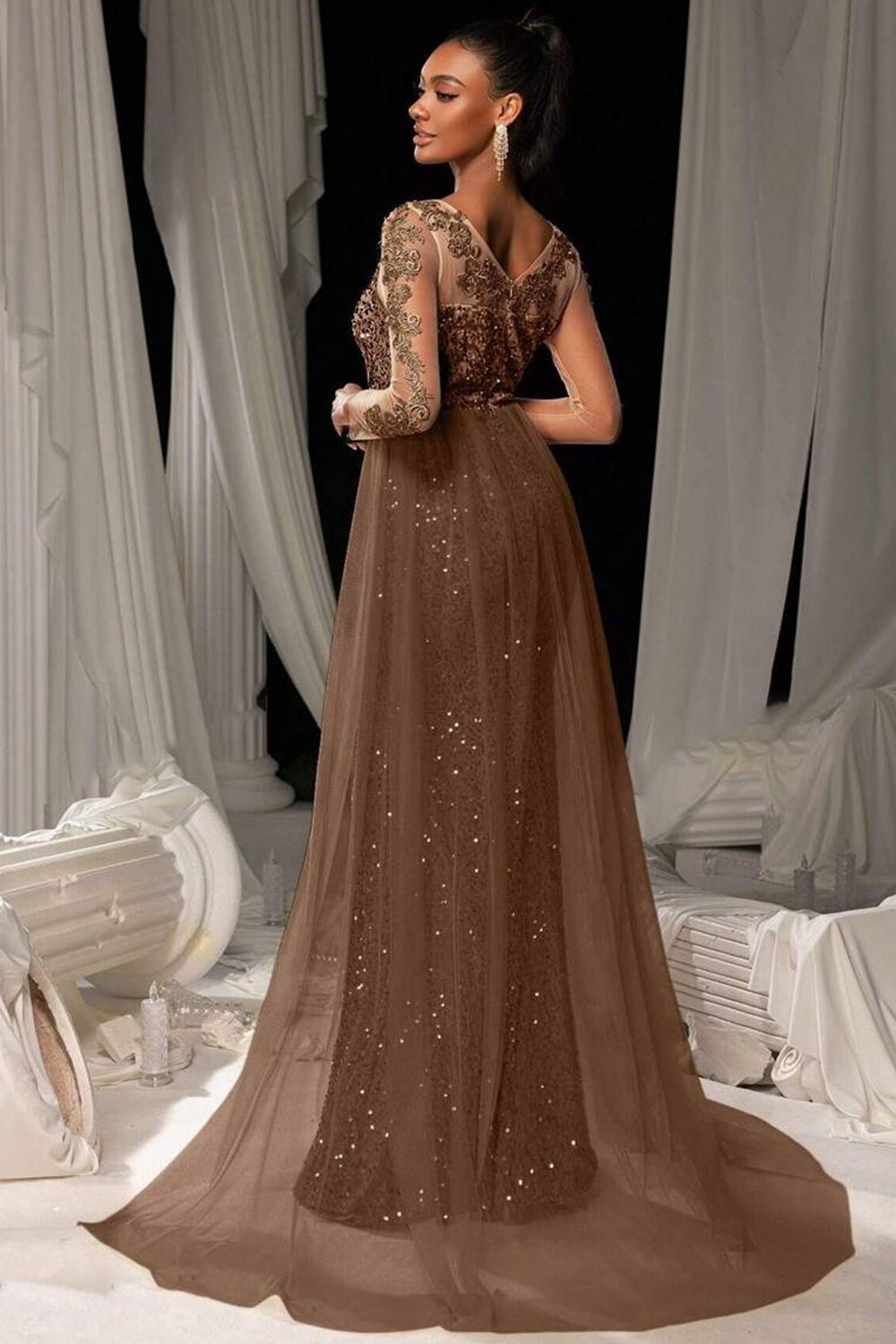 Abito da Sera Maxi in Tulle con Paillettes e Pizzo Marrone Scuro
