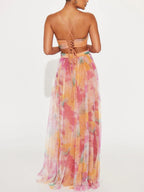 Abito Maxi A-Line V-Neck con Stampa Floreale Elegante