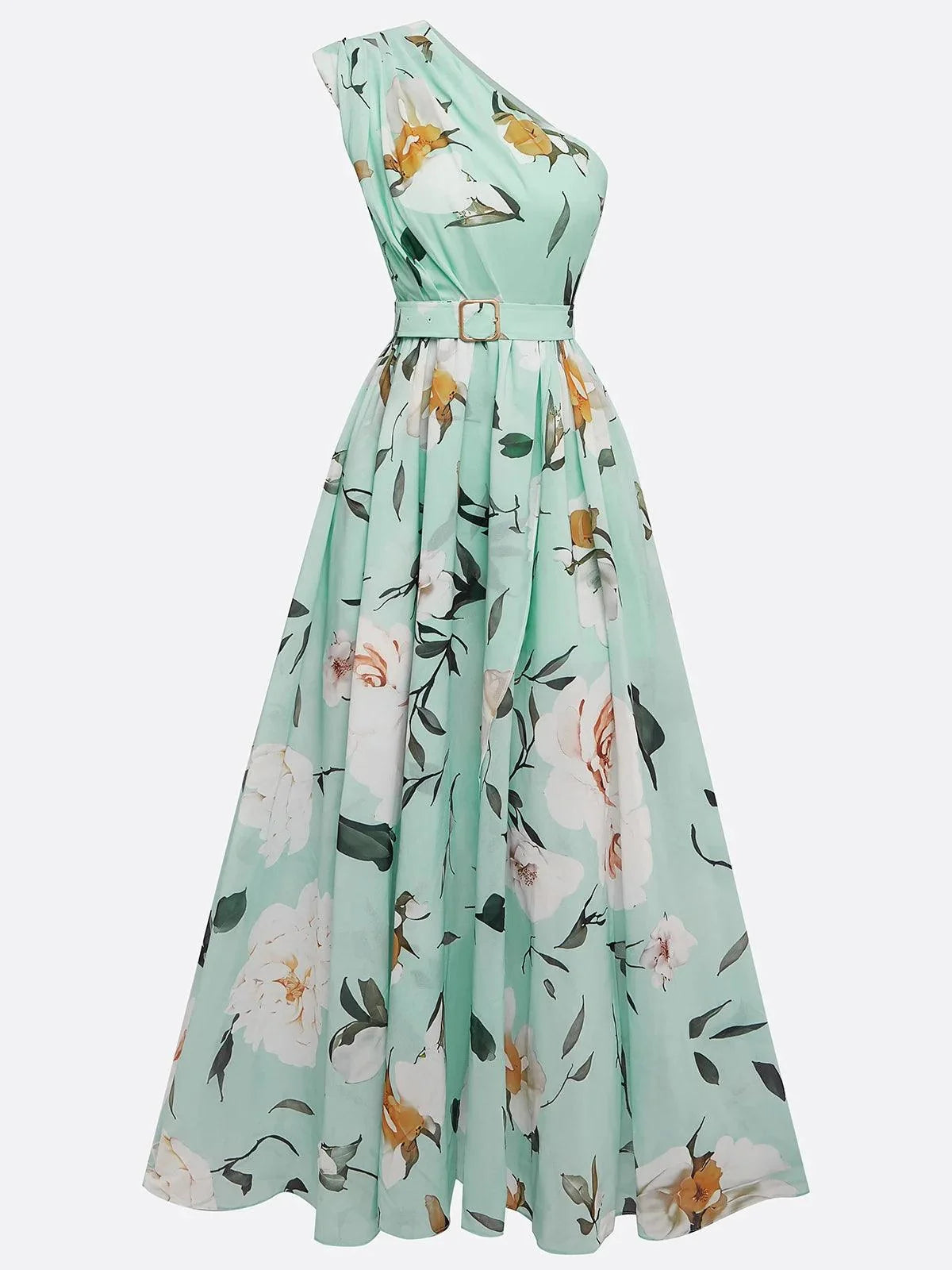 Abito Maxi Chiffon Verde Chiaro a Fiori con Rouches a Spalla Unica