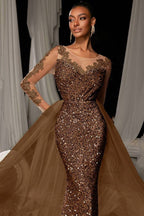 Abito da Sera Maxi in Tulle con Paillettes e Pizzo Marrone Scuro