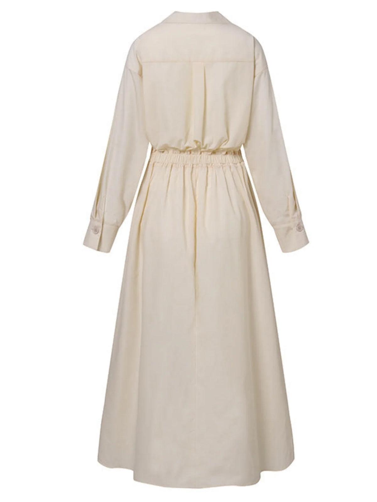 Abito Midi Elegante con Colletto a Revers e Bottoni