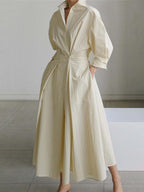 Abito Midi Elegante con Colletto a Revers e Bottoni