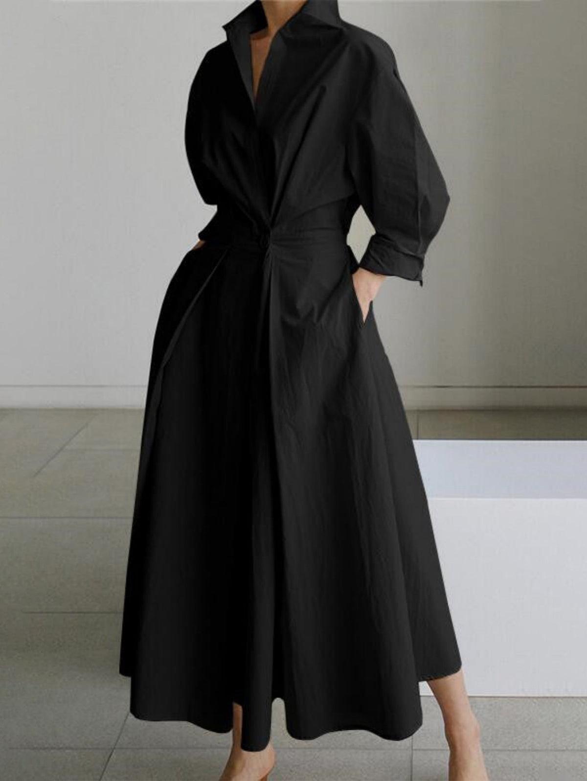 Abito Midi Elegante con Colletto a Revers e Bottoni