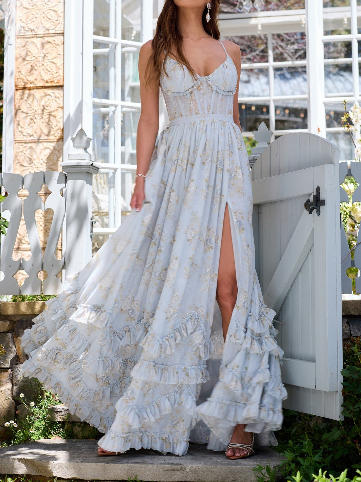 Abito Maxi Con Balze Floreale