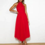 Abito Maxi Halter in Tulle con Dettagli Arricciati