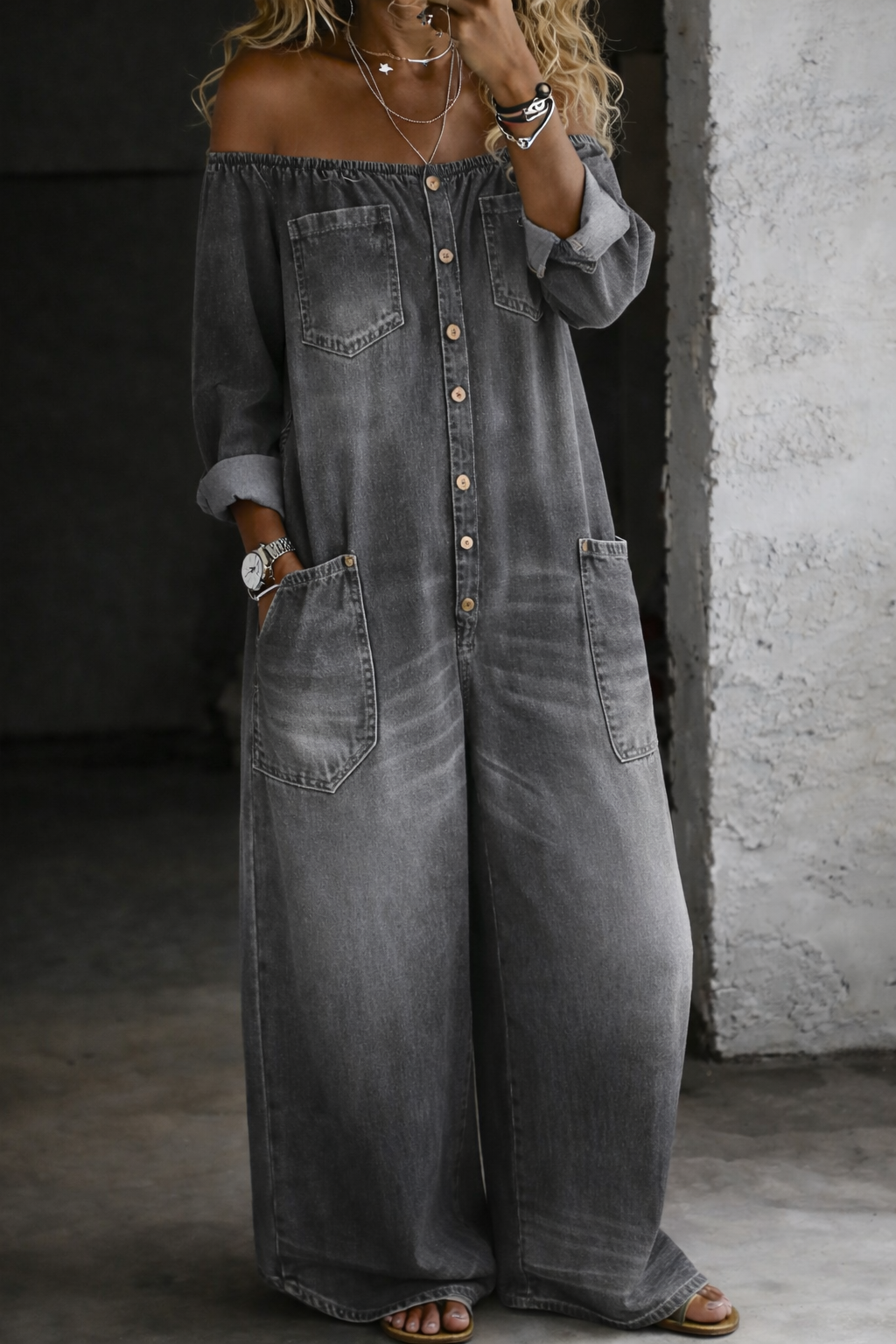Elena™ | Combinazione denim spalle scoperte