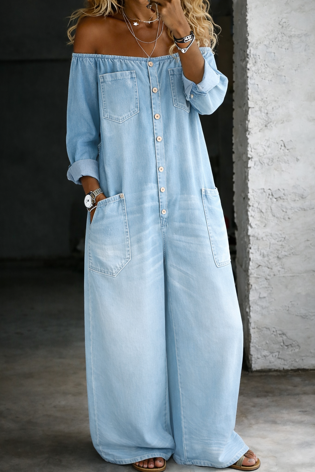 Elena™ | Combinazione denim spalle scoperte