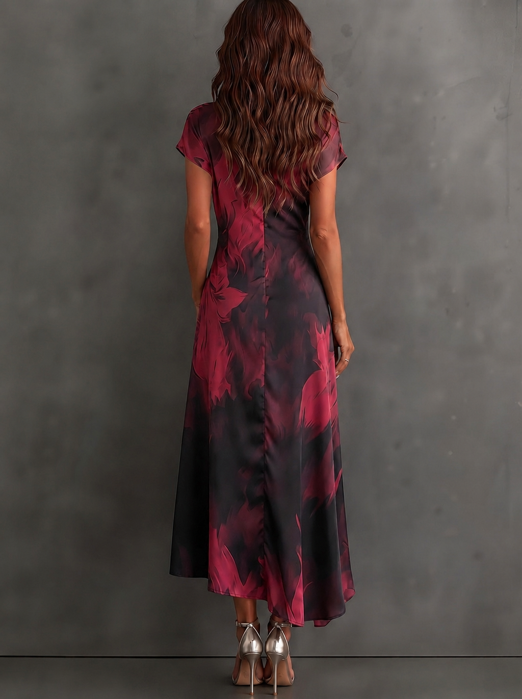 Rosanna | Vestito midi incrociato con stampa astratta, scollo a V, manica corta, cintura e orlo asimmetrico con volant.