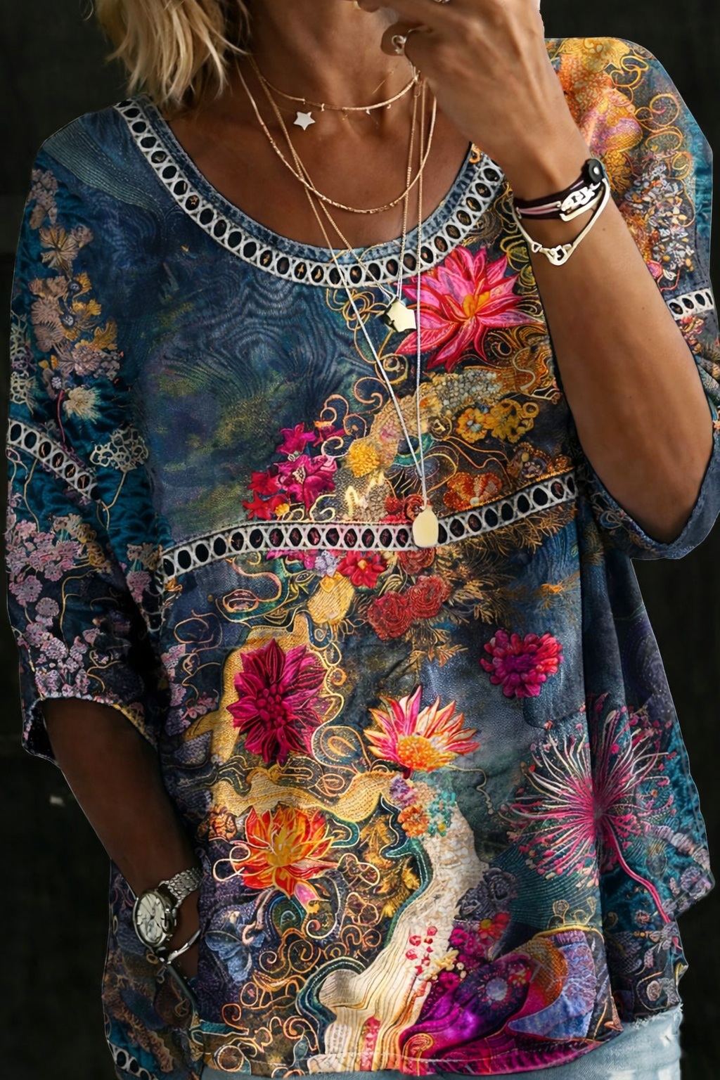 Nicole™ | Blusa in denim con fiori vintage