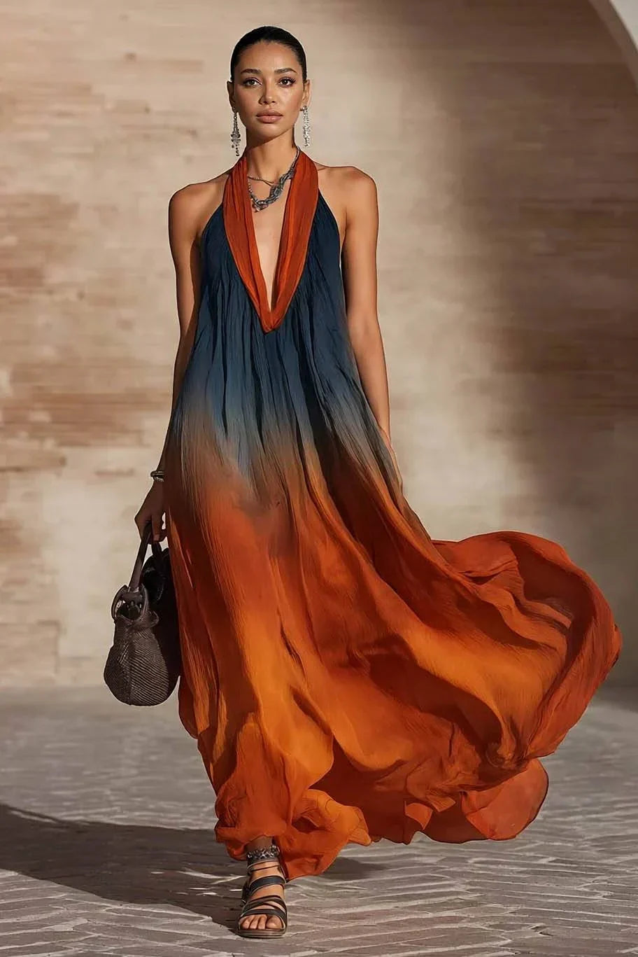 Paula | Abito Maxi in Chiffon Sfumato Blu e Ruggine