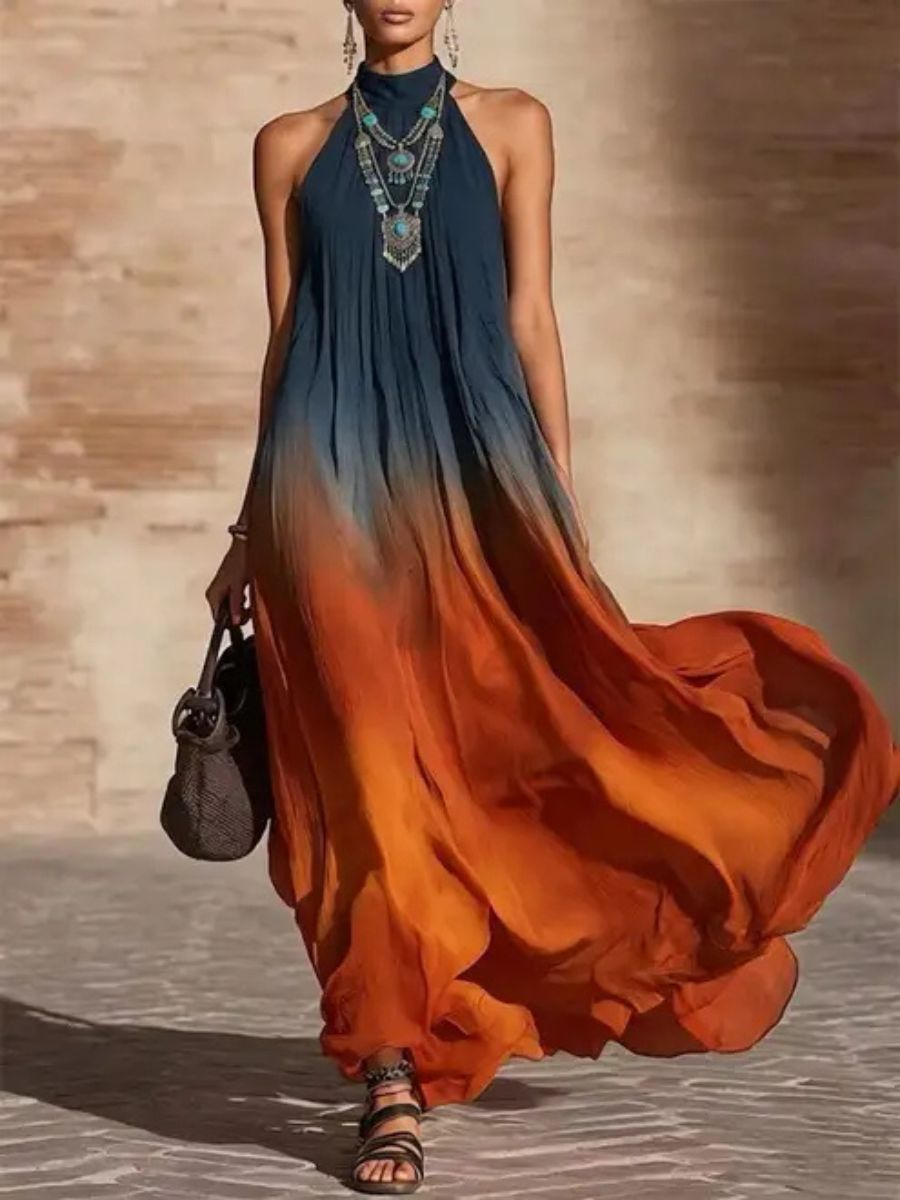 Paula | Abito Maxi in Chiffon Sfumato Blu e Ruggine
