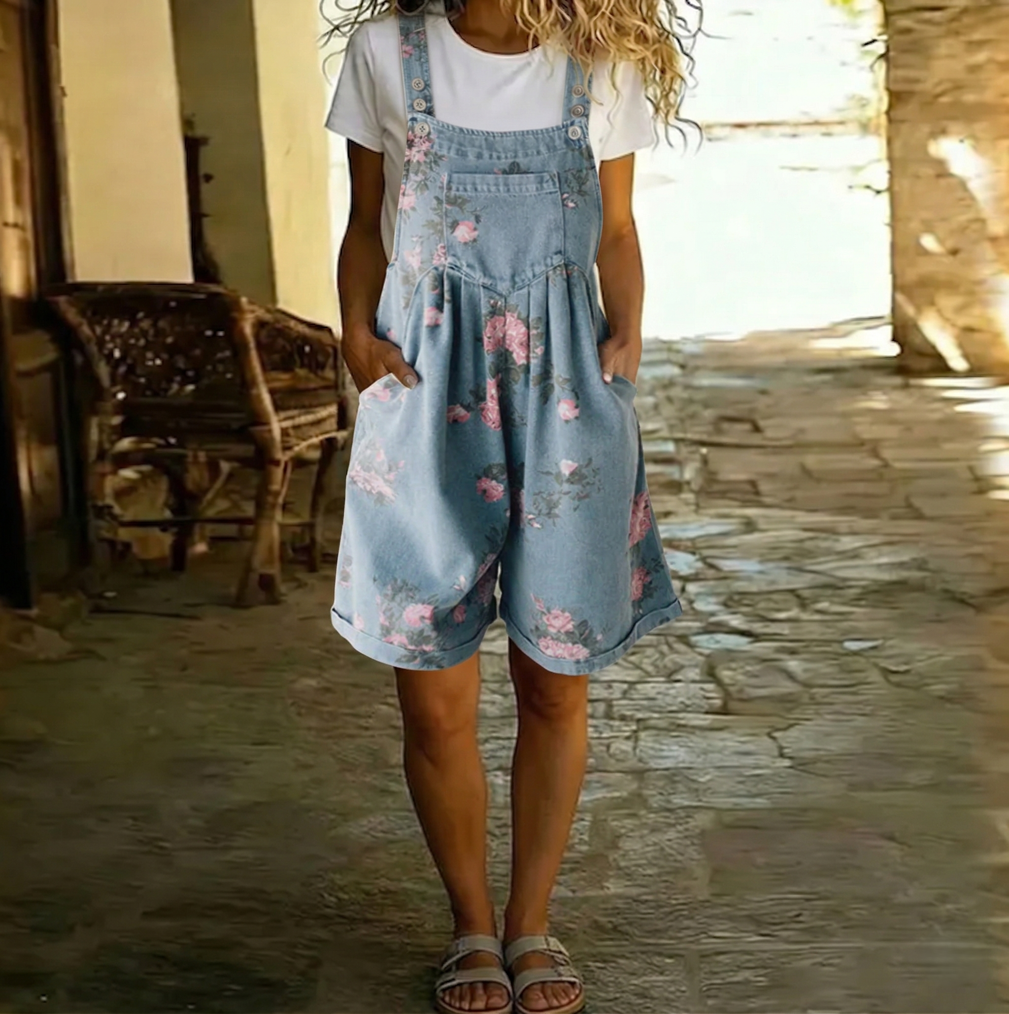 Judy™ | Tuta in denim floreale lavato vintage