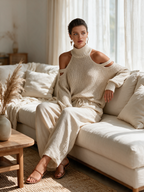 Concetta | Set Collo Alto e Gamba Larga in Maglia Beige