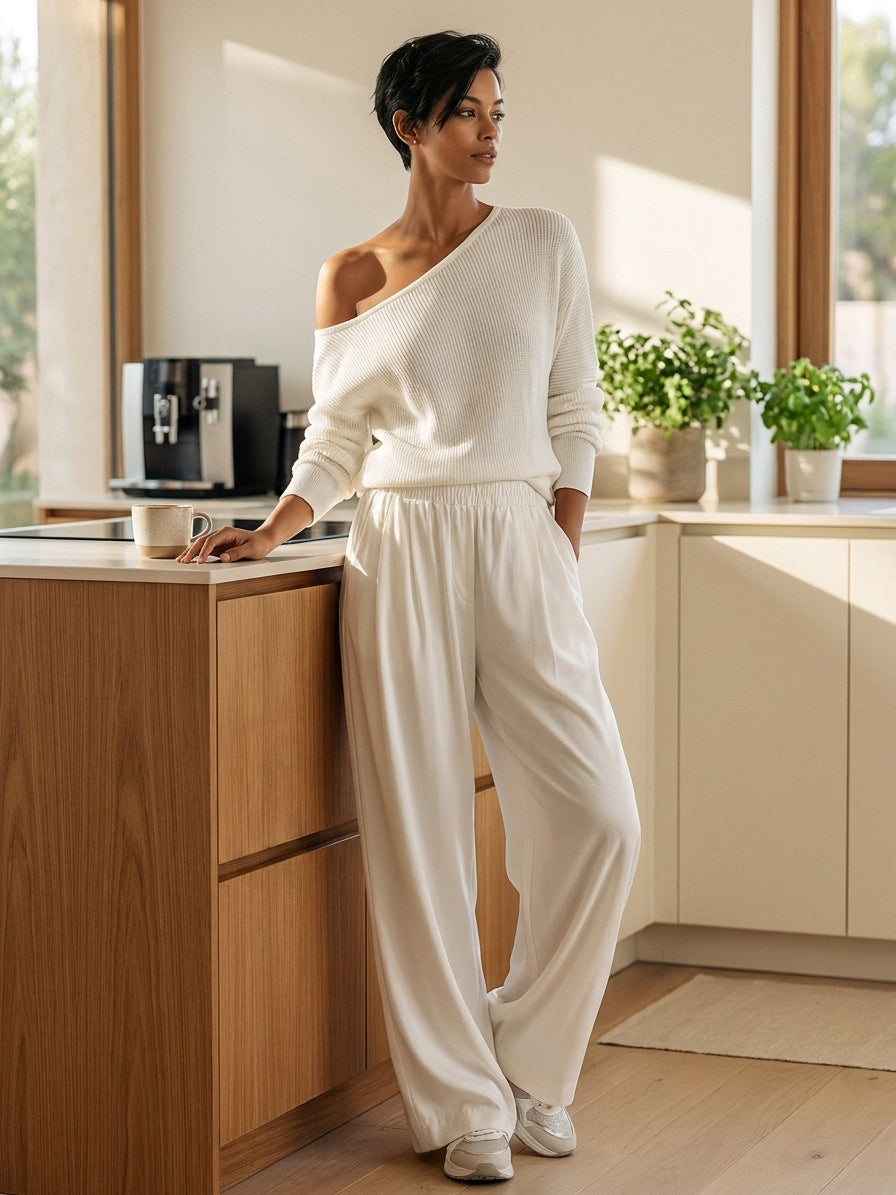 Sara | Set Spalla Asimmetrica e Gamba Larga in Maglia