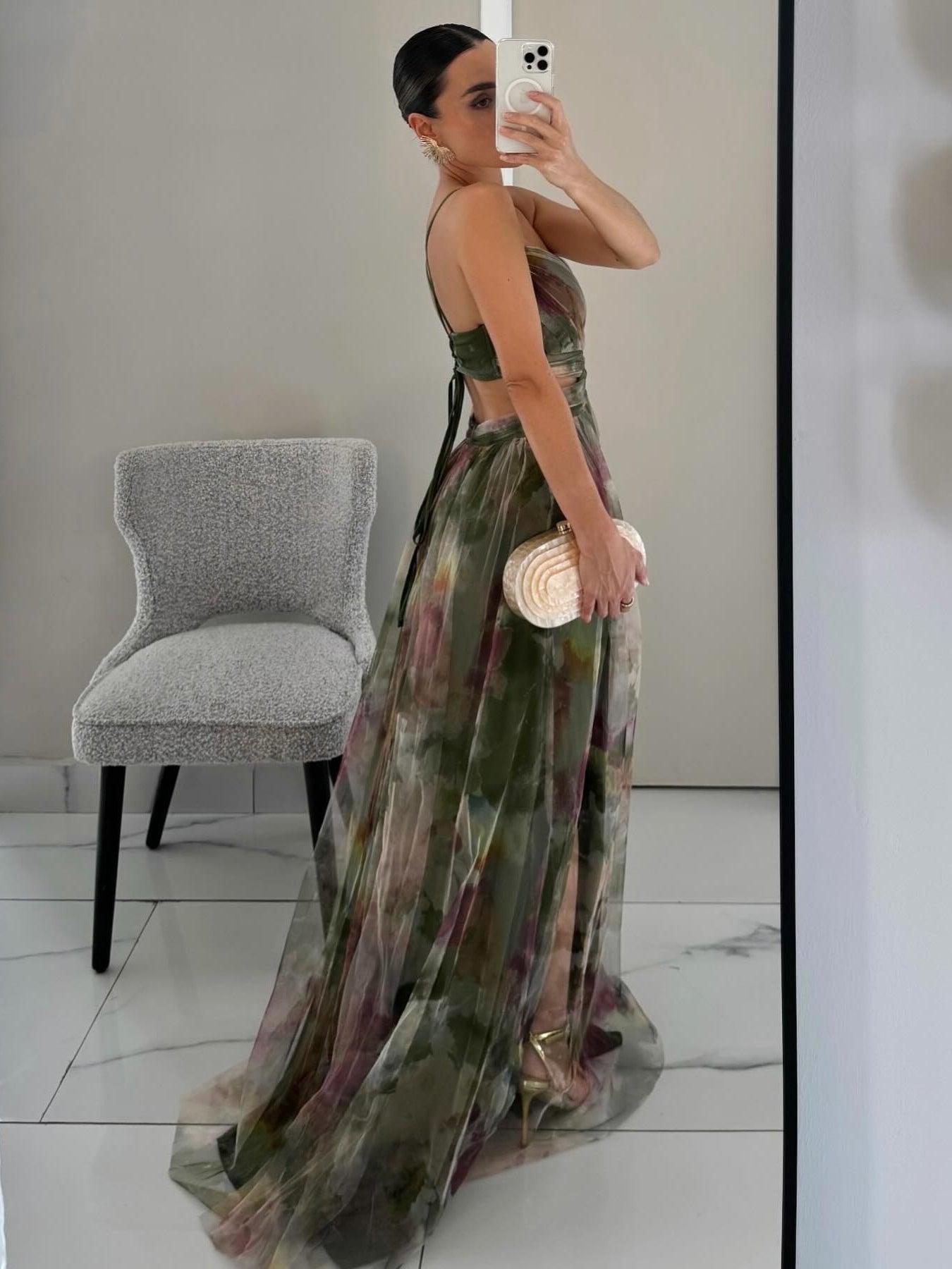 Abito Maxi A-Line V-Neck con Stampa Floreale Elegante