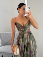 Abito Maxi A-Line V-Neck con Stampa Floreale Elegante