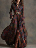 Abito maxi a quadri marrone rossiccio con colletto