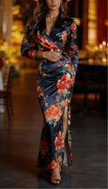 Elegante Abito Maxi in Satin con Stampa Floreale e Spacco Laterale