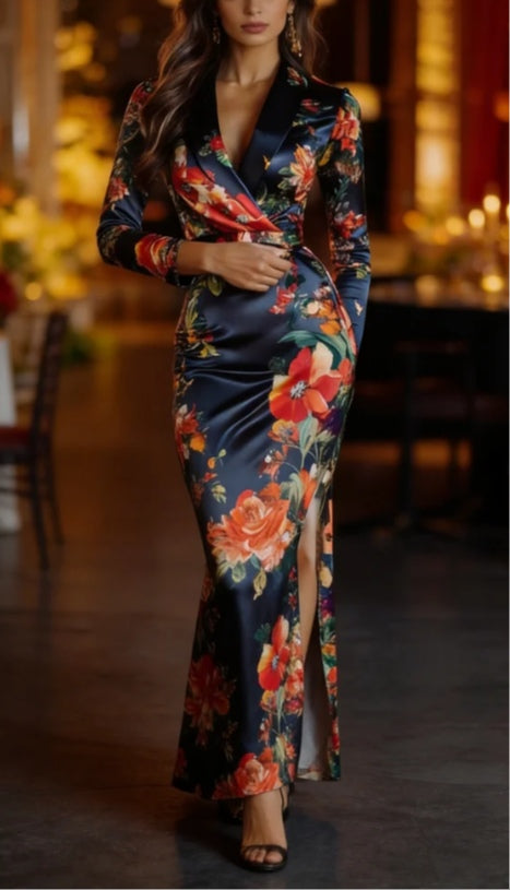 Elegante Abito Maxi in Satin con Stampa Floreale e Spacco Laterale