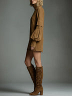Abito Mini in Suede Vintage con Collo Alto