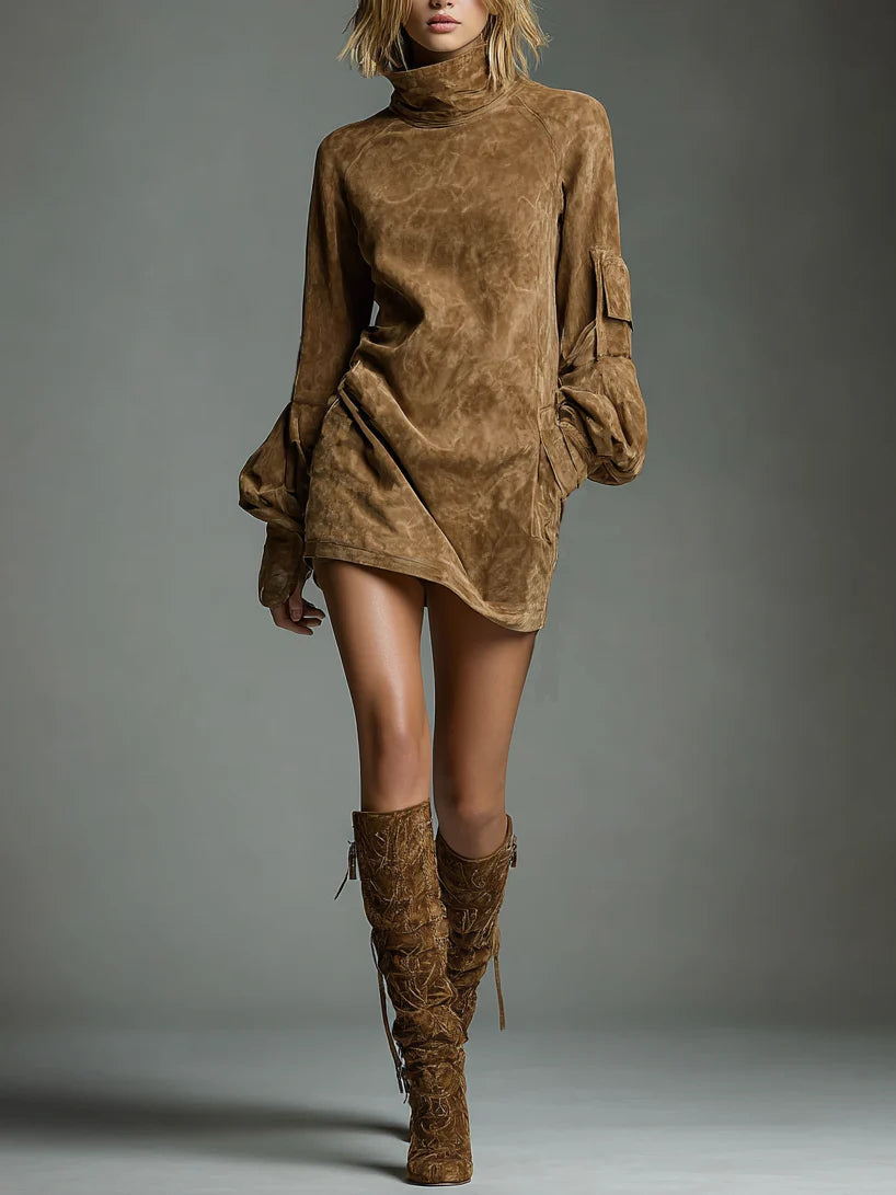 Abito Mini in Suede Vintage con Collo Alto