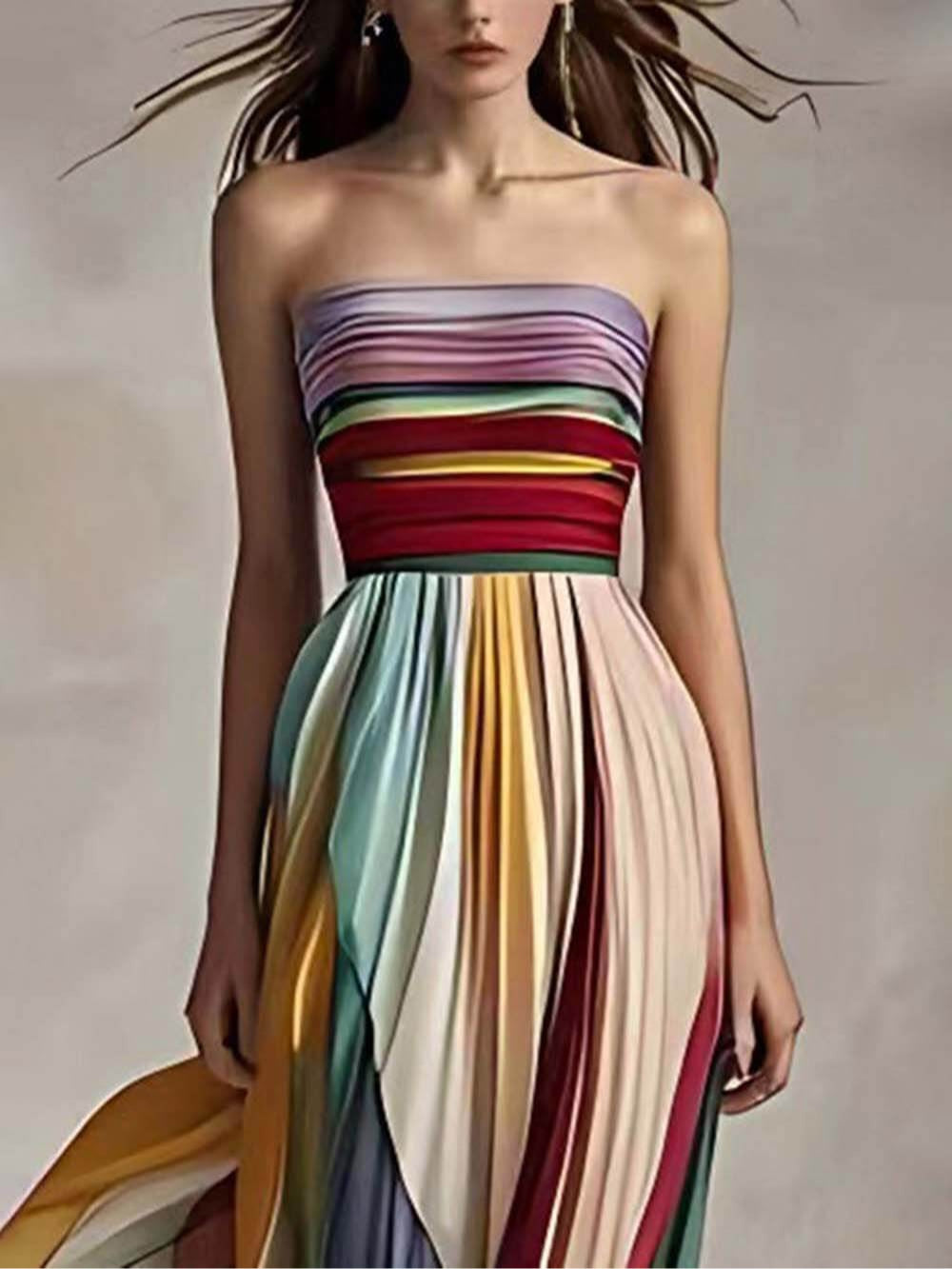 Abito Maxi Bandeau Plissettato Elegante con Stampa a Righe
