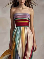 Abito Maxi Bandeau Plissettato Elegante con Stampa a Righe