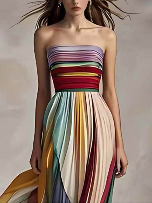 Abito Maxi Bandeau Plissettato Elegante con Stampa a Righe